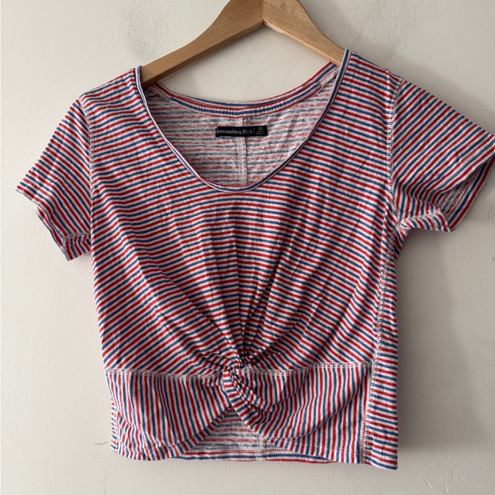 American Eagle Red White and Blue Stripe‎ Front Knot Cropped Tee